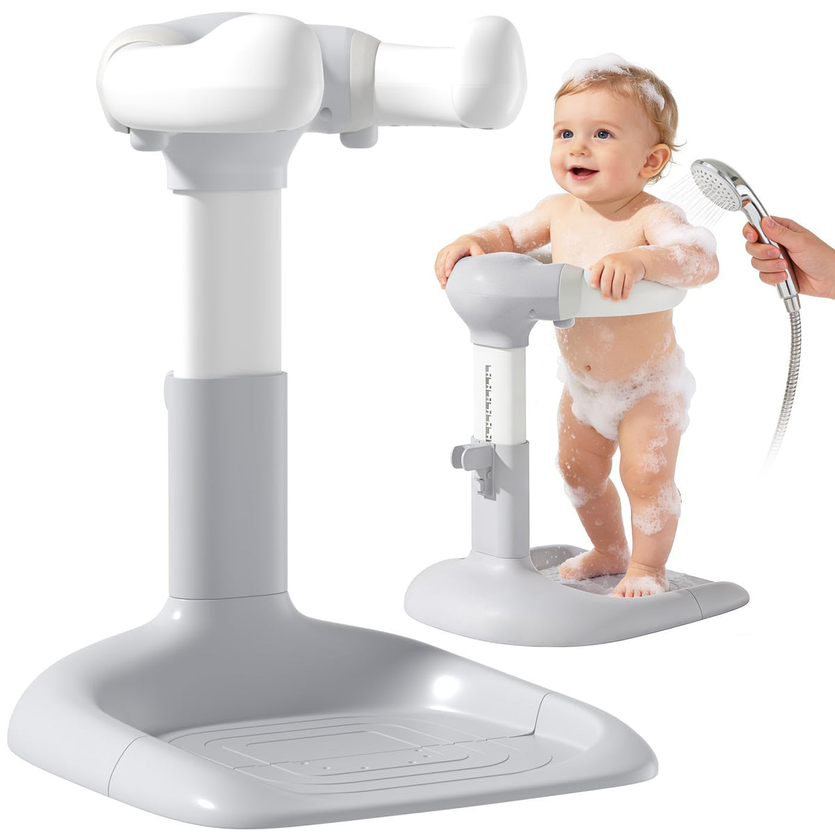 Baby Shower Stand with Anti-Pinch Silicone & Anti-Slip Base Soporte para Bañera de Bebé Assist Holder for 6-36 Months Toddler