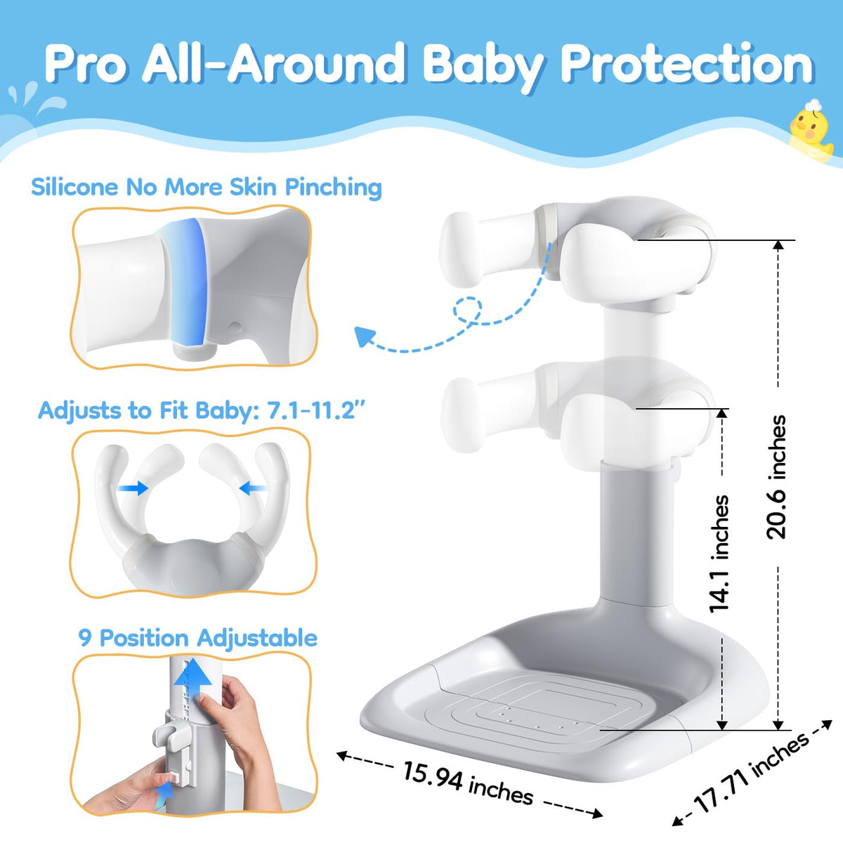Baby Shower Stand with Anti-Pinch Silicone & Anti-Slip Base Soporte para Bañera de Bebé Assist Holder for 6-36 Months Toddler