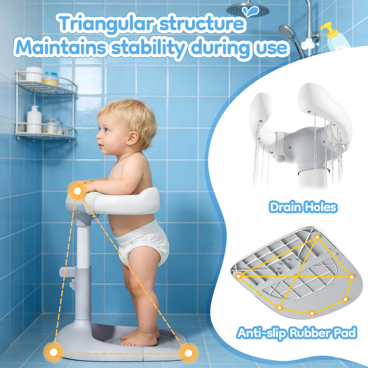 Baby Shower Stand with Anti-Pinch Silicone & Anti-Slip Base Soporte para Bañera de Bebé Assist Holder for 6-36 Months Toddler