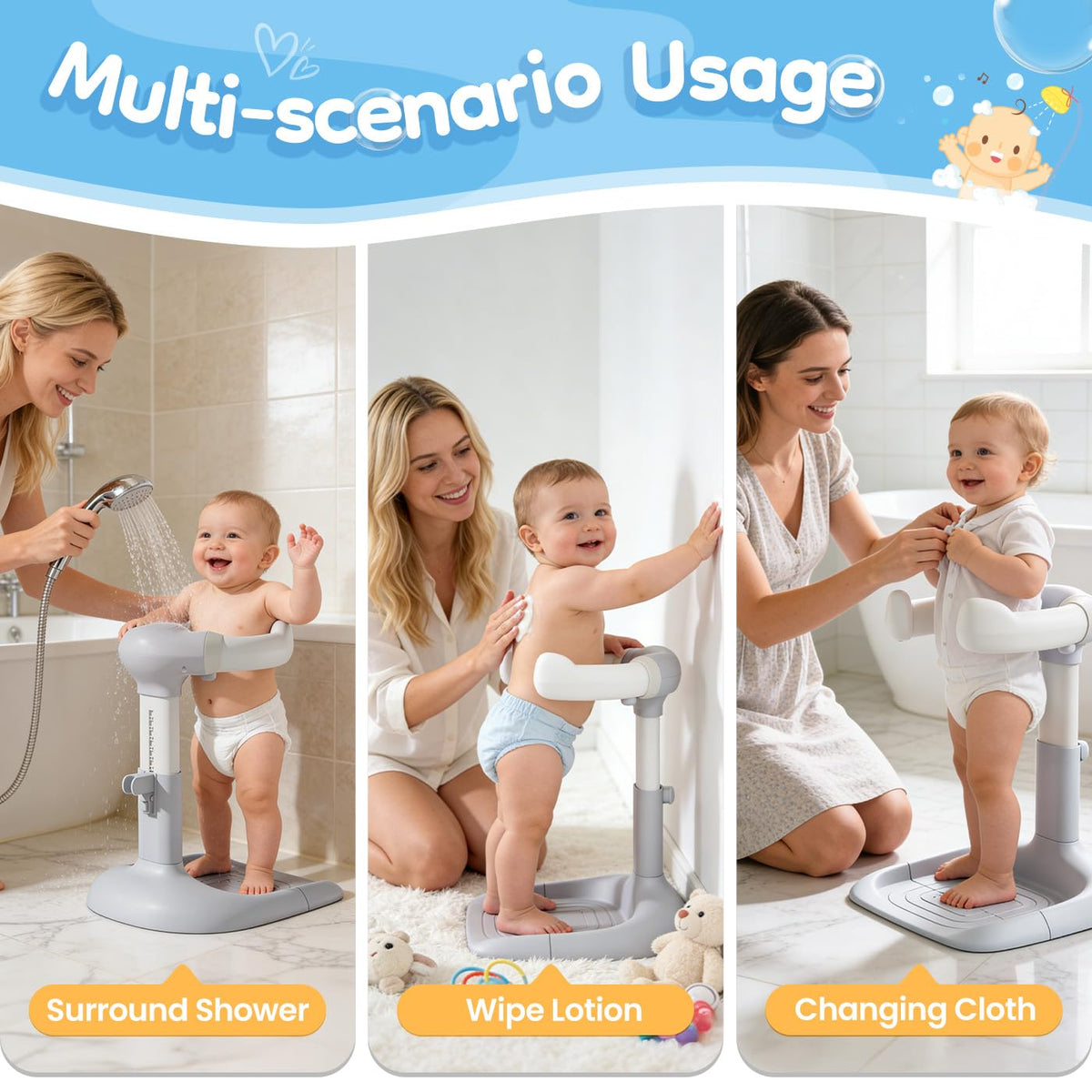 Baby Shower Stand with Anti-Pinch Silicone & Anti-Slip Base Soporte para Bañera de Bebé Assist Holder for 6-36 Months Toddler