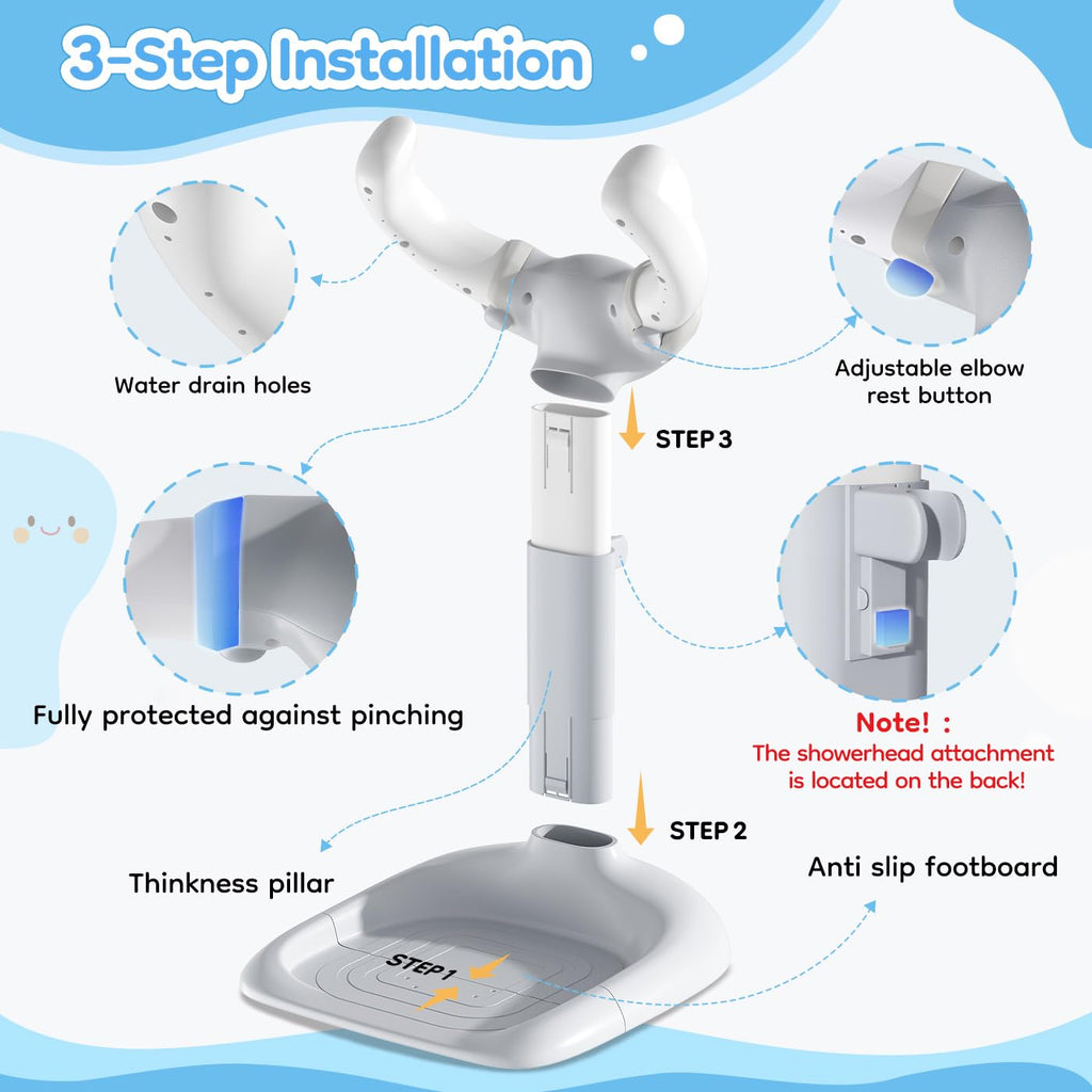 Baby Shower Stand with Anti-Pinch Silicone & Anti-Slip Base Soporte para Bañera de Bebé Assist Holder for 6-36 Months Toddler